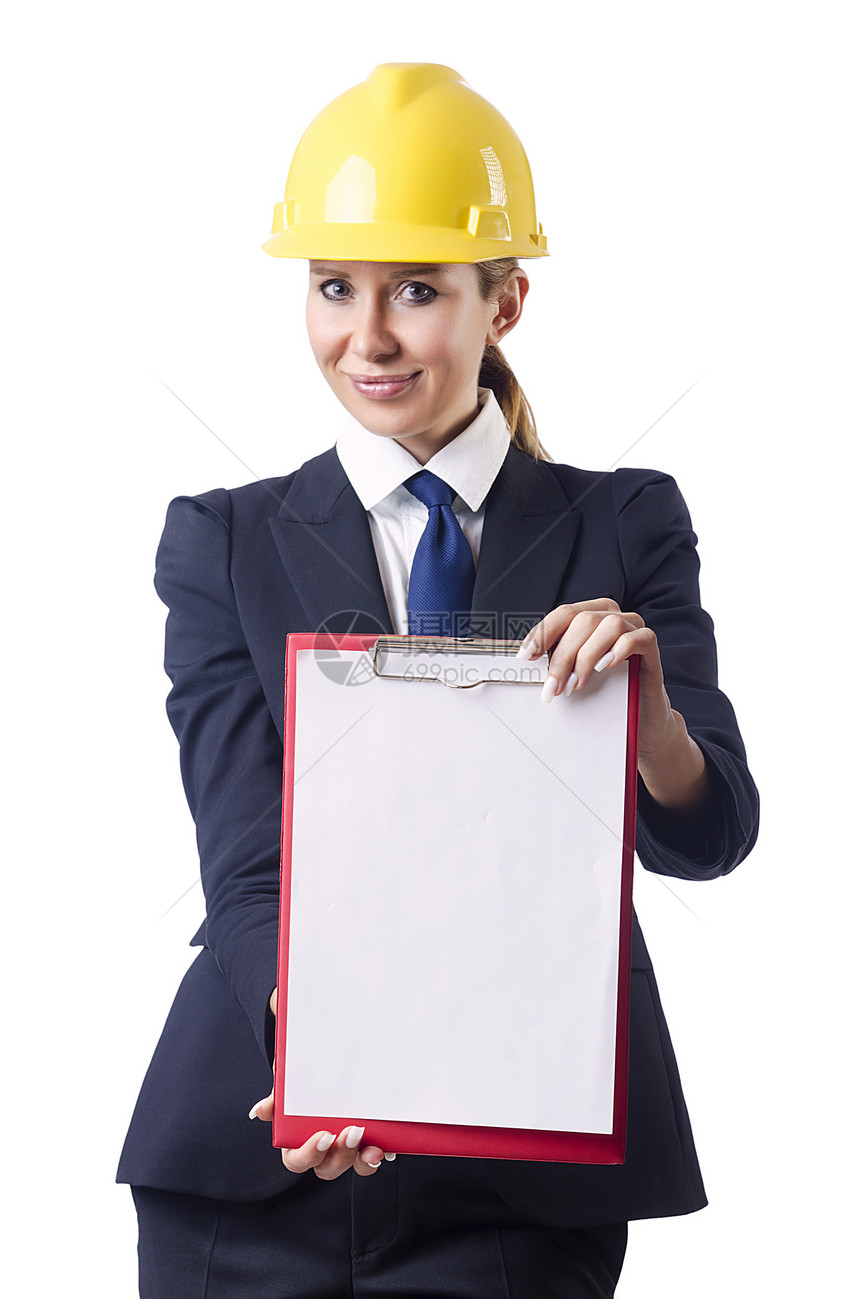 白戴头盔的女商务人士安全工程建造工具签约女士衣领建筑师背心建设者图片