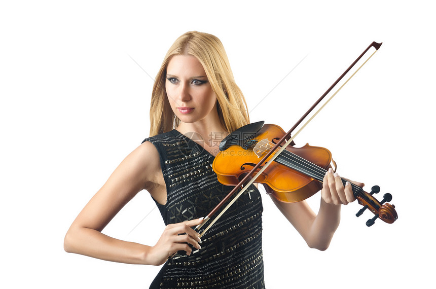 女人在白色上拉小提琴细绳提琴手演奏家中提琴女孩女士艺术音乐家独奏乐器图片