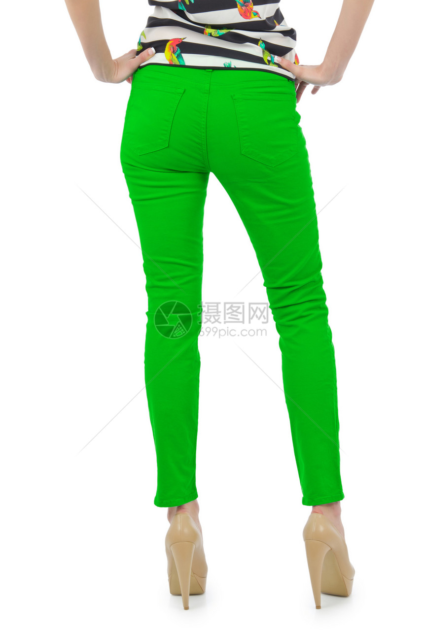 白色脱白裤子的模型棉布衣架纤维男性女性材料零售口袋服装绿色图片