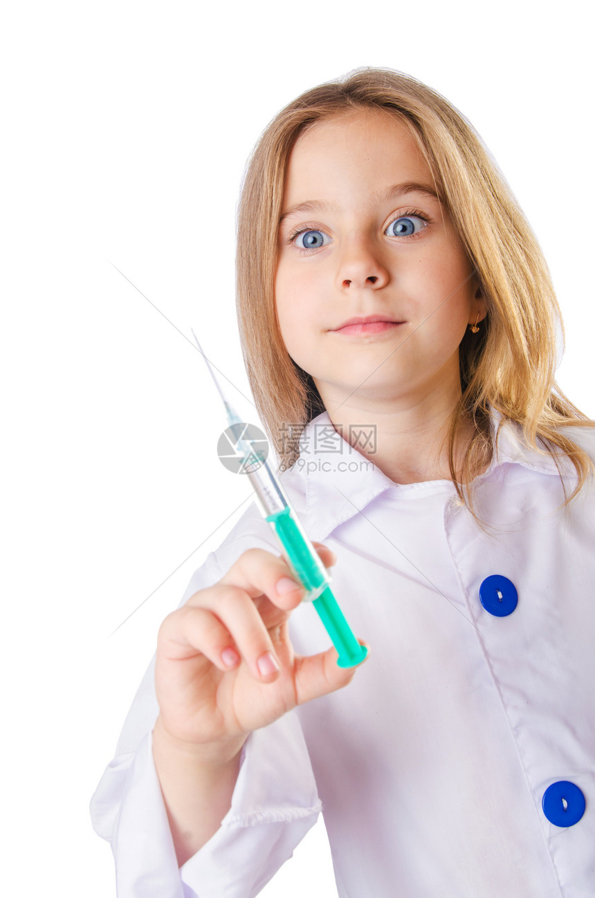 带注射器的小医生乐趣微笑化学品外科孩子注射商业手套化学家治疗图片