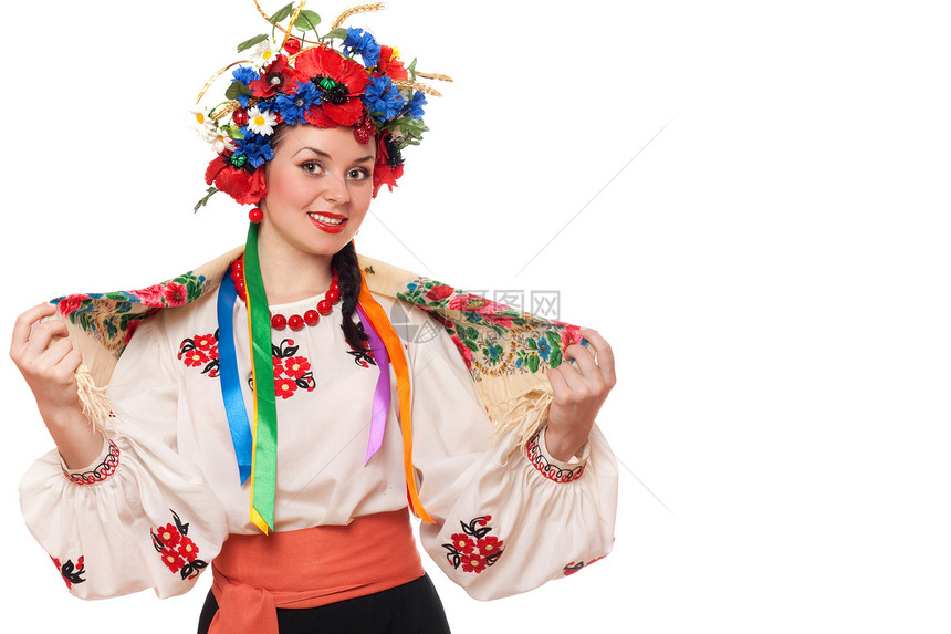 乌克兰民族服装的女人黑发冒充女士国家花朵女性艺术刺绣装饰品文化图片