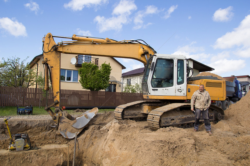 挖掘机装载机地球机器经理城市土壤工人检查员推土机工作图片