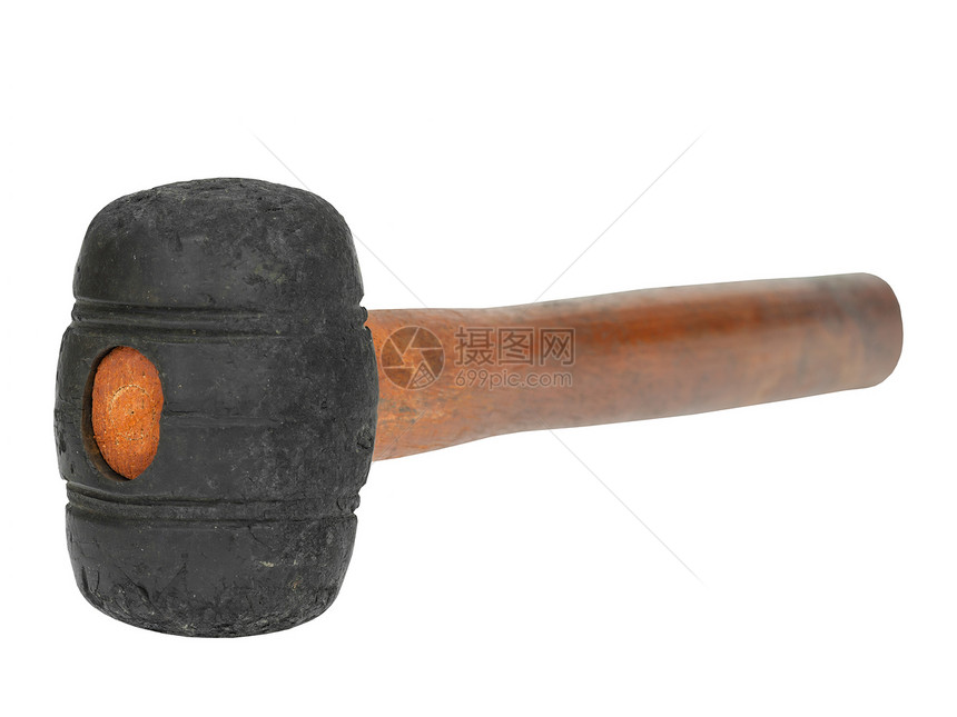 白色背景的旧橡胶圆筒作坊硬件橡皮宏观锤子工作维修木头罢工工具图片