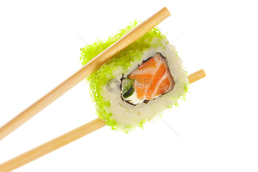 寿司卷和筷子午餐海藻海鲜食物白色绿色鱼子奶油美食图片