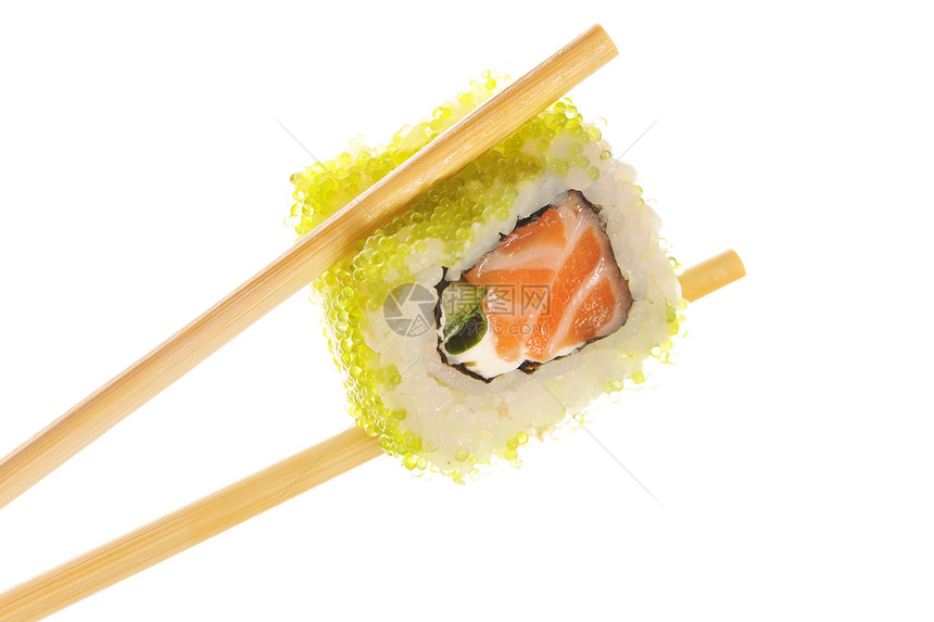 寿司卷和筷子奶油白色海藻鱼子海鲜食物午餐绿色美食图片