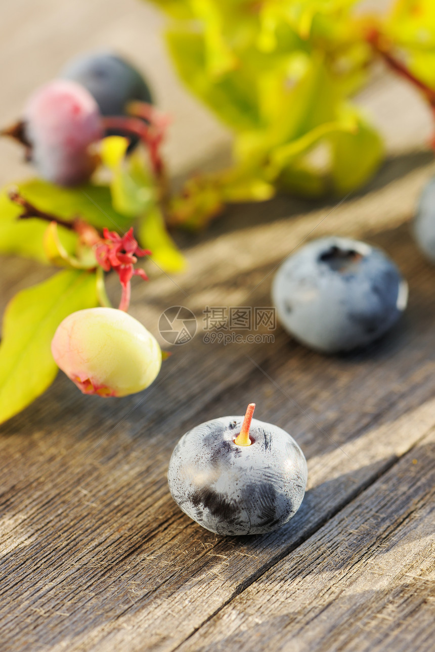 木制桌上的蓝莓团体覆盆子蓝色浆果叶子食物木头桌子水果图片