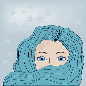 蓝头发女孩女性蓝色眼睛卷曲星星卡通片女士背景图片