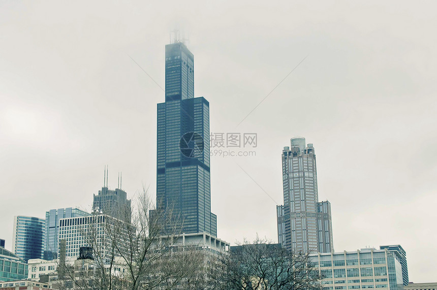 芝加哥天线反射景观太阳摩天大楼吸引力城市建筑环形阳光场景图片