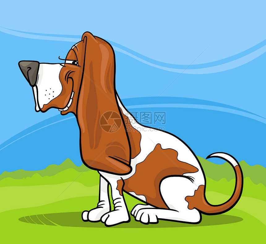 Basset 猎犬狗漫画插图绘画犬类吉祥物快乐鼻子猎犬小狗天空公园卡通片图片