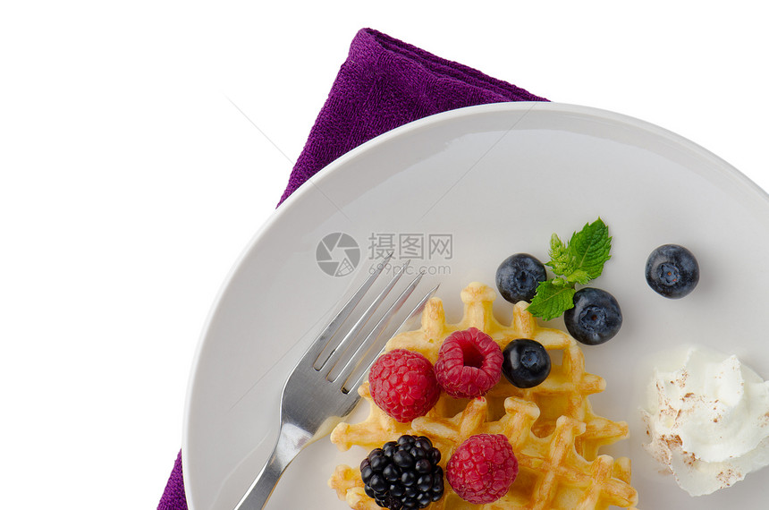 新鲜果子卷饼覆盆子糕点盘子美食甜点薄荷糖浆浆果水果蜂蜜图片