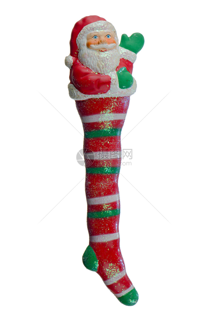 圣诞老人的白丝袜和红丝袜礼物传统装饰红色短袜塑料库存装饰品展示白色图片