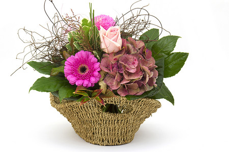 一篮子花朵在篮子中的花朵雏菊妈妈订婚菊花绣球花母亲妈妈们礼物婚礼玫瑰背景