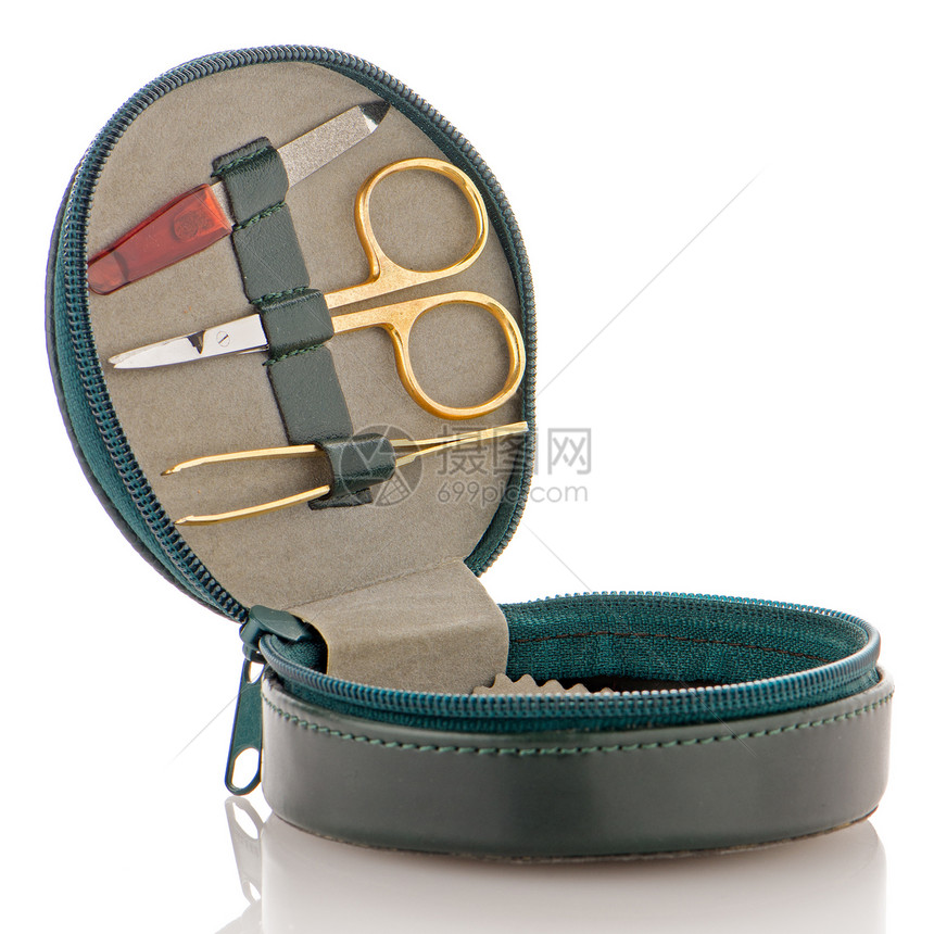 小型绿色皮革旅行护理小包案件抛光收藏修脚金属仪器保养工具治疗钳子图片