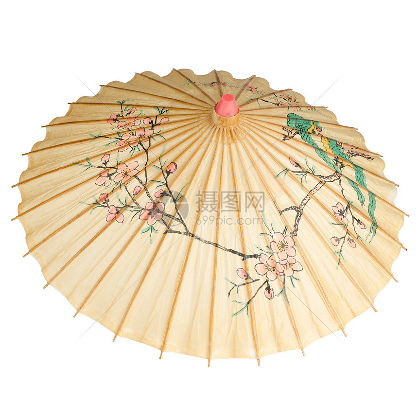 孤立的东方伞式绿色木头情调异国阴影橙子工艺阳伞织物艺术图片