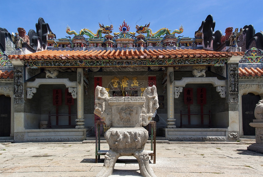 中国寺庙建筑硬木桌子天空控制板风格历史蓝色装饰木材图片