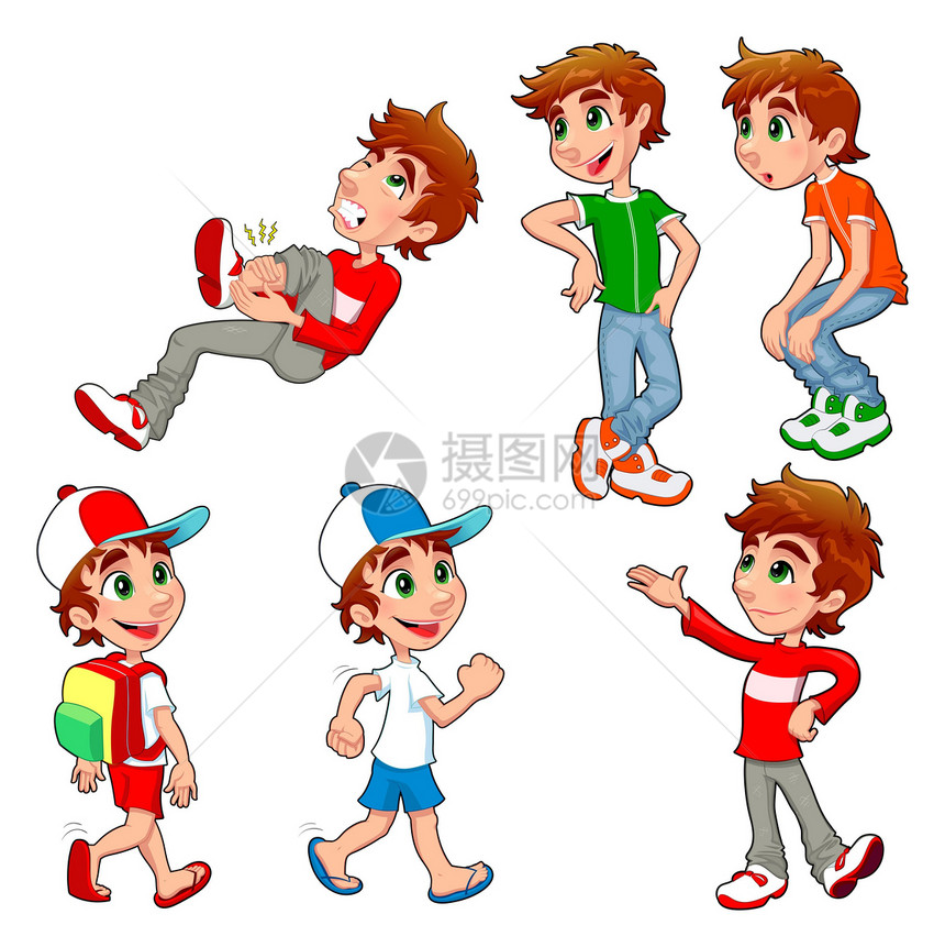 男孩有不同的姿势和表情疼痛运动吉祥物游戏孩子学生团体插图青少年兄弟图片