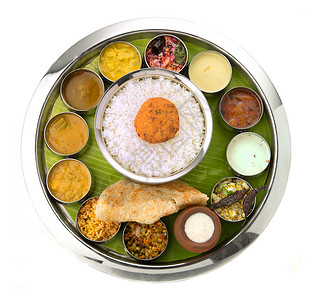 福尔鲍姆印度塔利人营养不锈钢煎饼沙拉午餐普里小吃食物自助餐蔬菜背景
