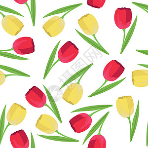 带有郁金香的无缝模式红色织物白色绿色黄色墙纸叶子背景图片