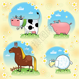 有趣的农场动物雏菊栅栏插图草地漫画天空奶牛童年卡通片微笑背景图片