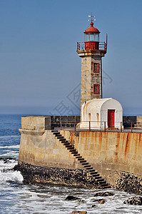 萨波塔波尔图灯塔葡萄牙光束灯塔指导历史性导航海洋安全地标戏剧性旅游背景