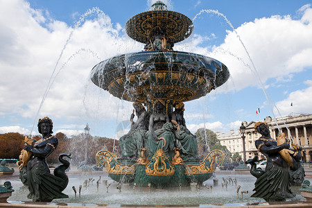 协和广场巴黎F号康科德广场的不流河商业和航行喷泉地标城市广场纪念馆纪念碑雕像蓝色飞溅流动背景
