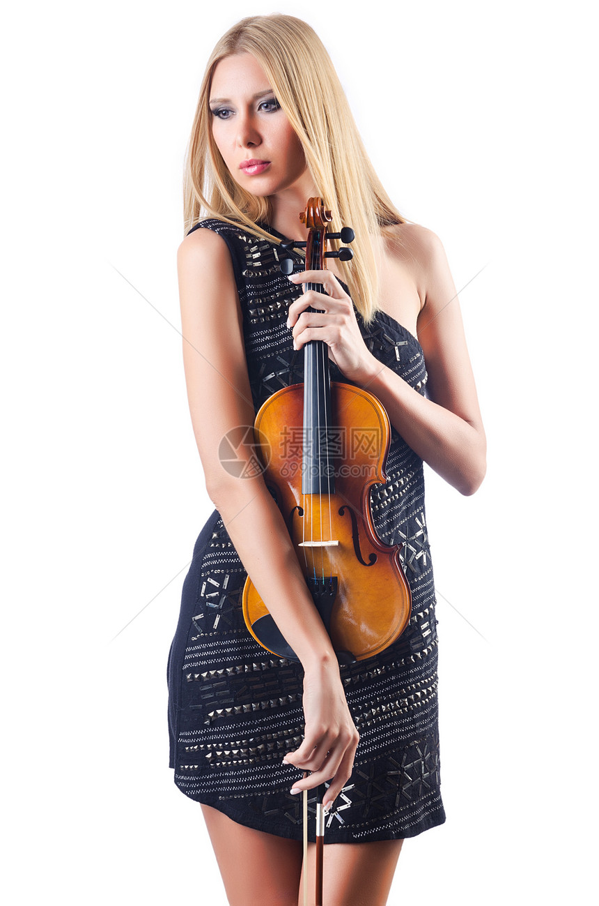 年轻女子在白上拉小提琴音乐细绳旋律演员提琴手玩家女士协奏曲艺术乐器图片