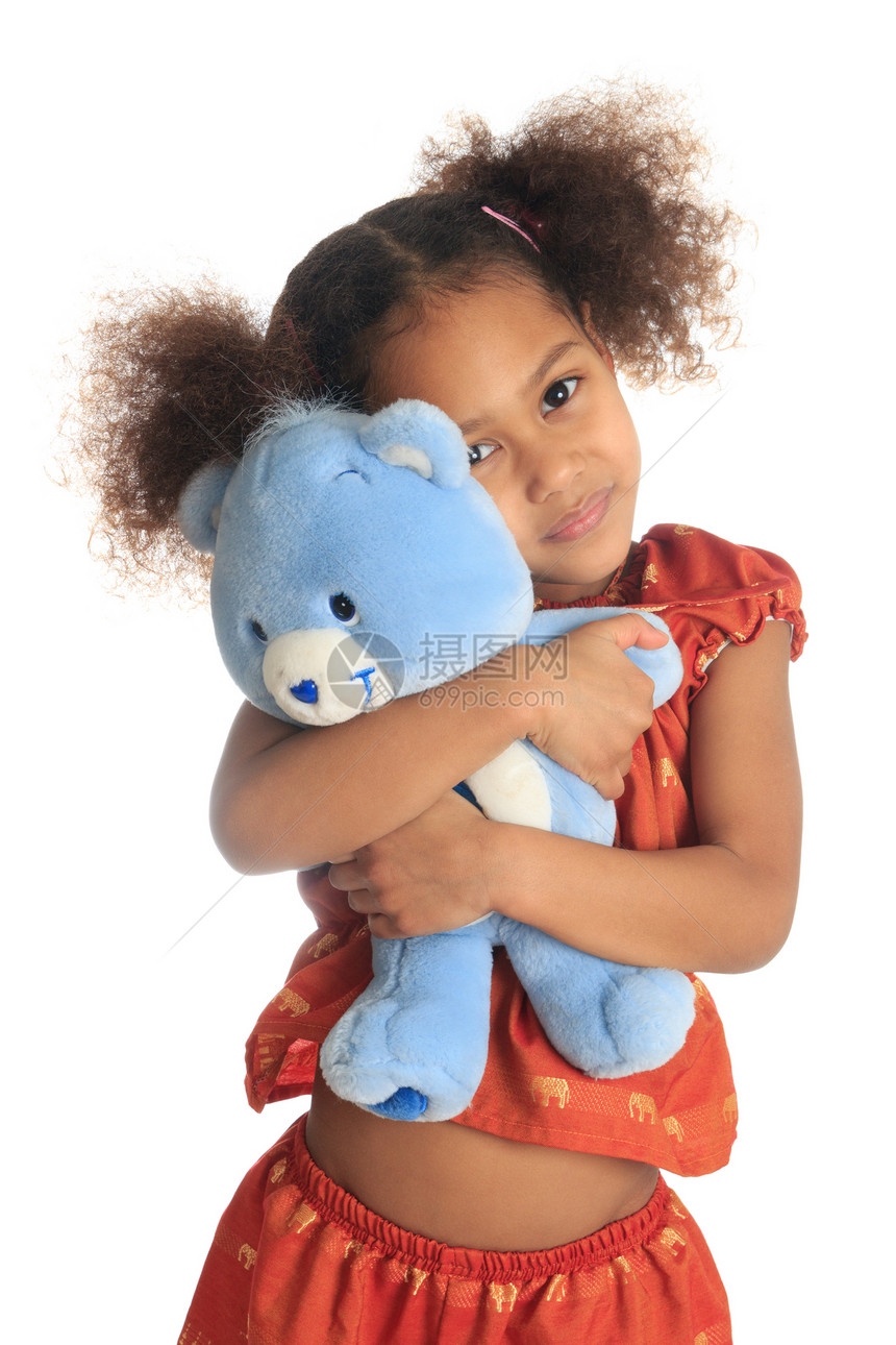 非裔美国人和亚裔儿童与他的Teddy孤立无援图片
