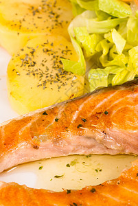 烤鲑鱼蔬菜海鲜盘子服务牛扒美食沙拉午餐背景图片
