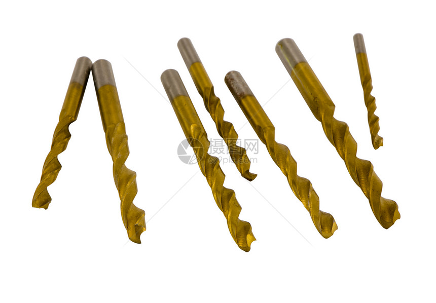 各种大小的金钻比特 在白色上隔离金子速度蛀虫工具作坊木制品技术机器硬件乐器图片
