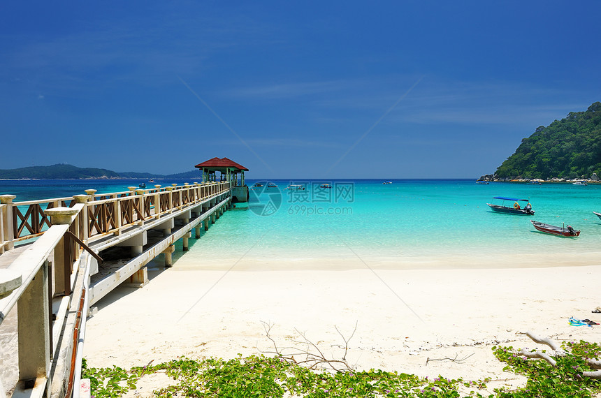 美丽的海滩蓝色海洋平台码头风景海景天空棕榈假期热带图片