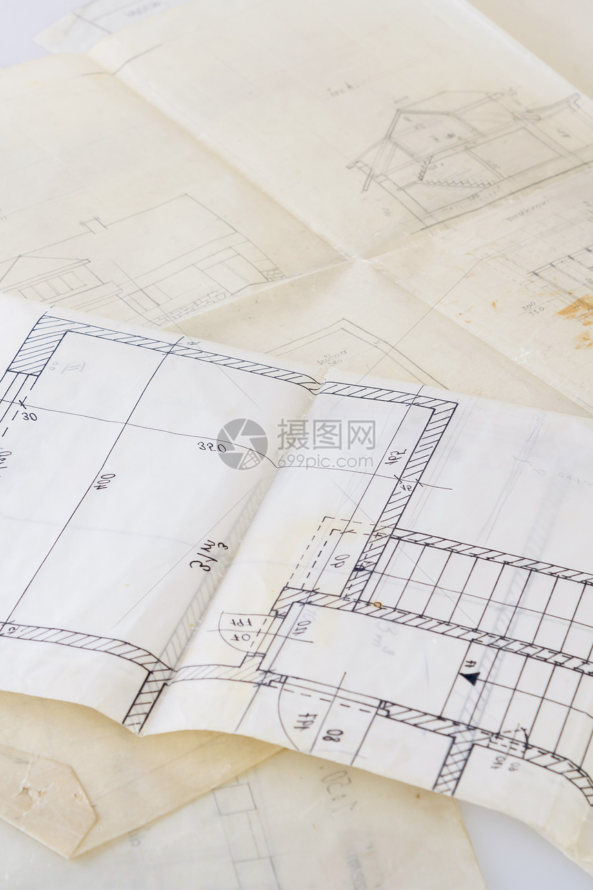 旧纸和项目档案的建筑设计图工程材料工作建筑学工具草图文书建筑办公室插图绘画文档图片