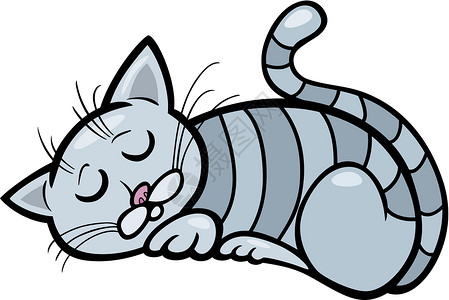 灰色条纹猫沉睡猫卡通画插图快乐鼠标小猫卡通片吉祥物动物睡眠灰色宠物绘画插画