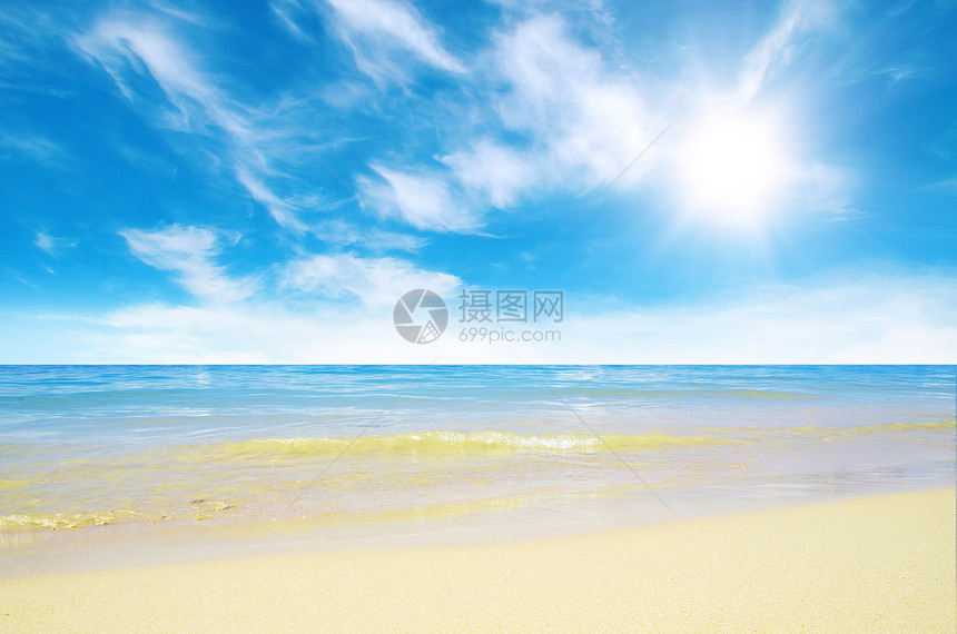 咸海沙滩蓝色海洋太阳海景冲浪支撑放松热带天堂晴天图片