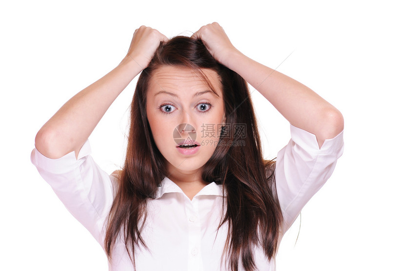 一个震惊的女人惊喜商业衬垫蓝色棕色头发黑发套装商务人士图片