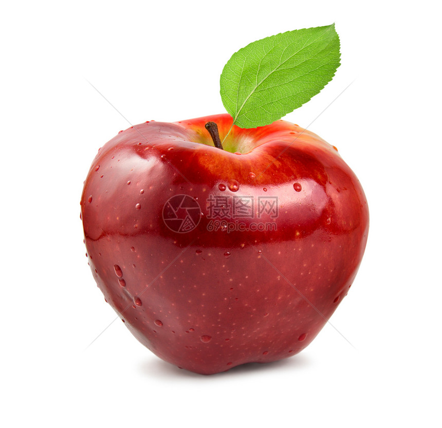 红苹果色彩宏观红色甜食饮食水滴健康饮食叶子食物茶点图片