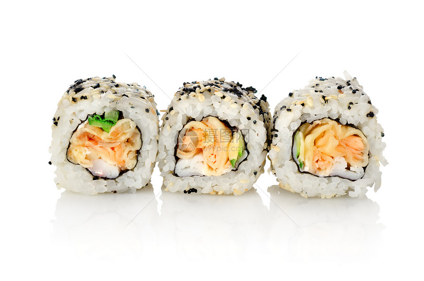 白色背景的三卷食物海鲜鱼片健康饮食寿司粉色午餐美食熟鱼晚餐图片