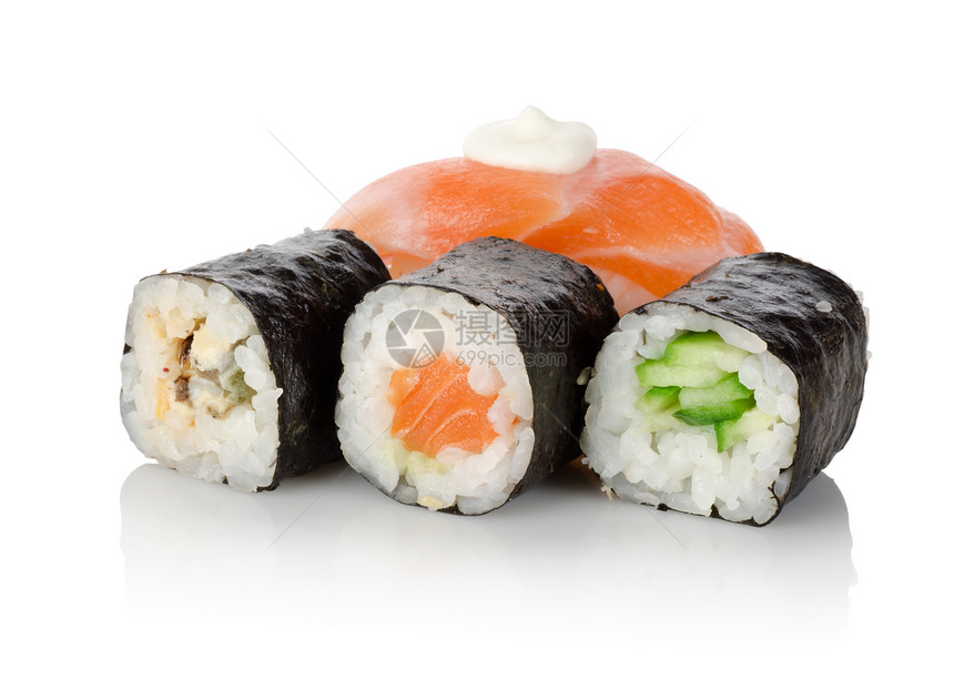 寿司和卷午餐食物健康饮食对象素食者美食粉色白米鳗鱼晚餐图片