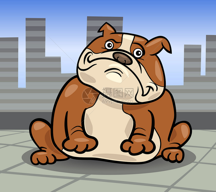 英国斗牛犬狗漫画插图卡通片英语天空摩天大楼快乐犬类斗牛犬城市尾巴宠物图片