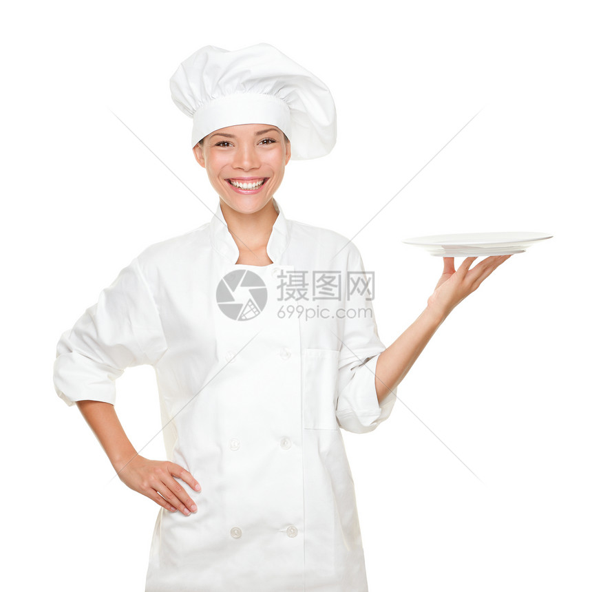 显示空板的厨师女孩服务工作室管理人员微笑食物托盘职员厨房展示图片