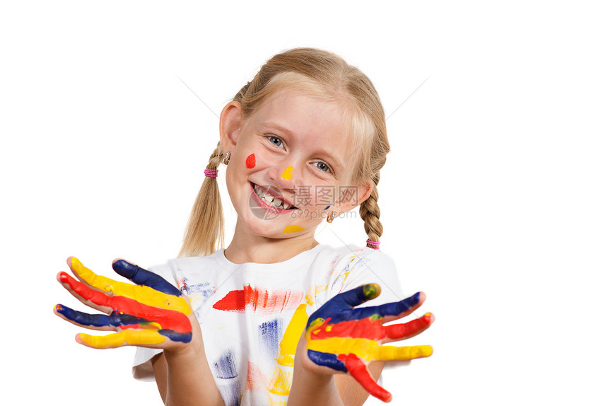 手有涂漆的女子童年艺术家学习画家教育女孩专注毛毡蓝色手指图片