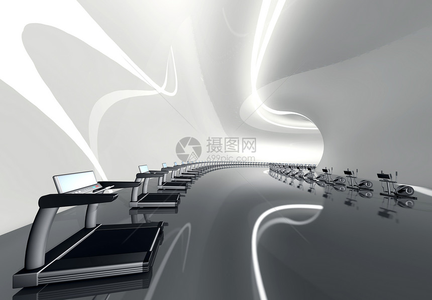 未来现代体育馆 配有运动机和椭圆式教练员培训师科幻建筑学健身房隧道插图跑步机中心训练屏幕图片
