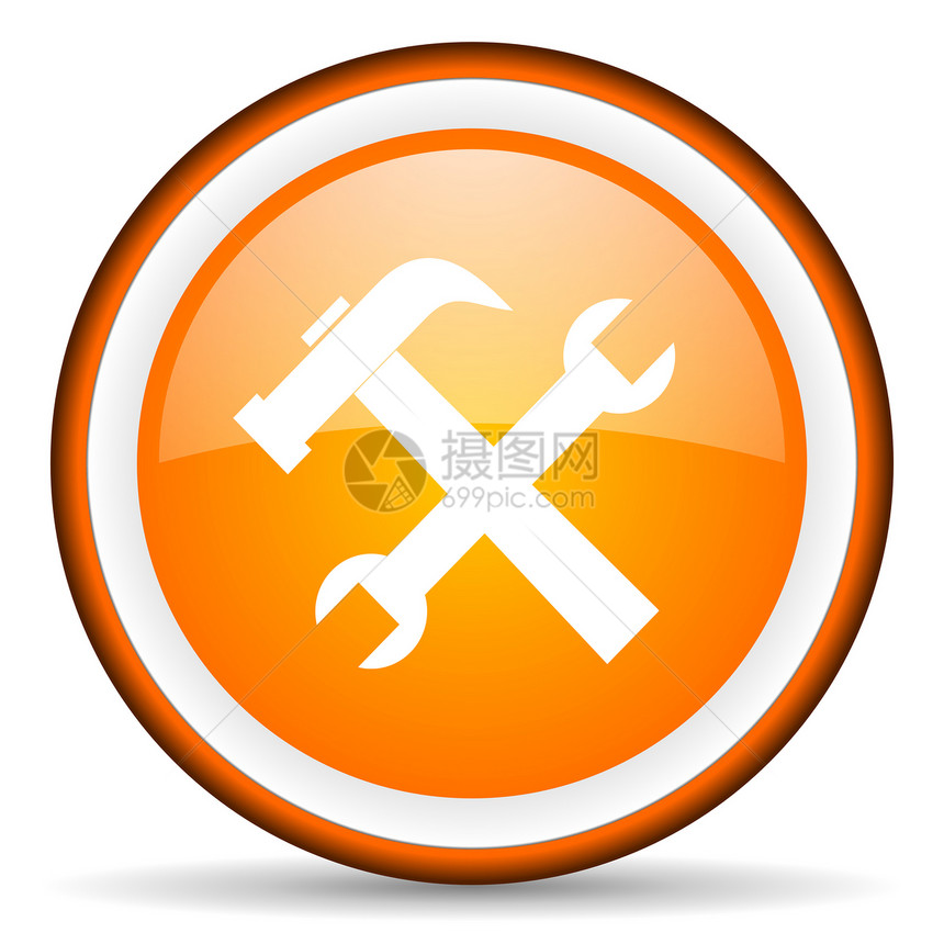 白色背景上的橙色圆形图标工具锤子服务机械电话工程作坊钥匙维修按钮工作图片