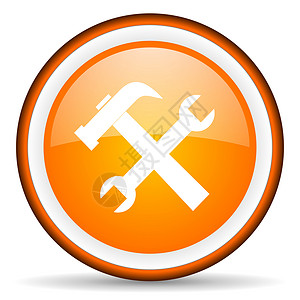 白色背景上的橙色圆形图标工具锤子服务机械电话工程作坊钥匙维修按钮工作背景图片