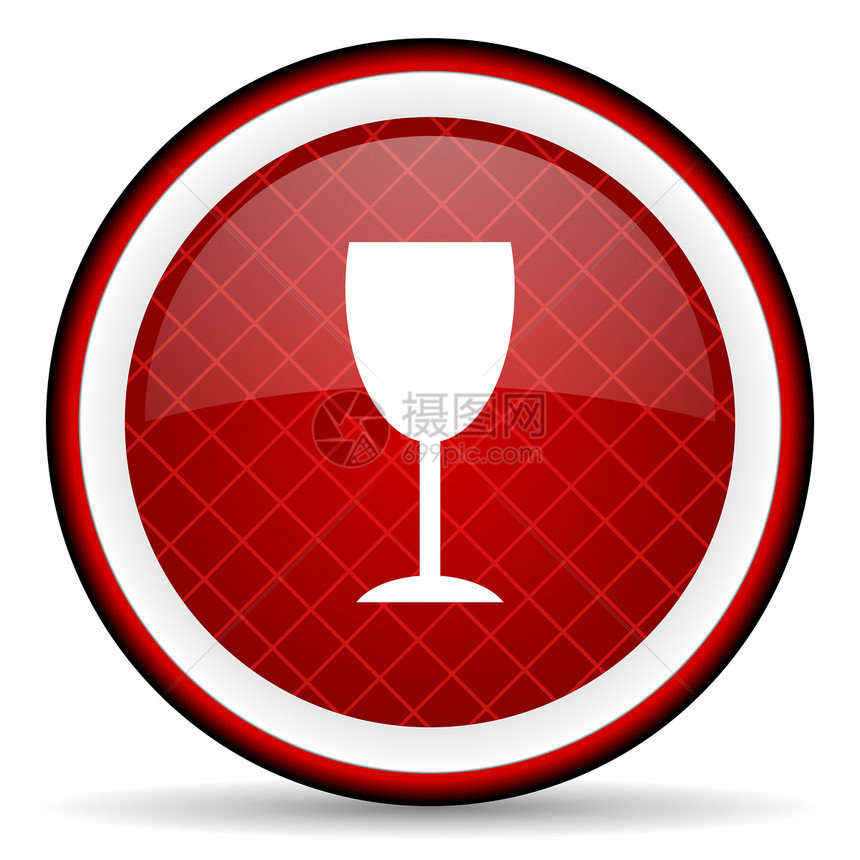 白色背景上的玻璃红色闪光图标互联网餐厅店铺按钮网络电话圆形酒精香槟酒吧图片
