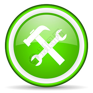 工具LOGO白色背景上的绿色绿光图标工具钥匙圆形工程服务生态互联网仪表锤子电话技术背景