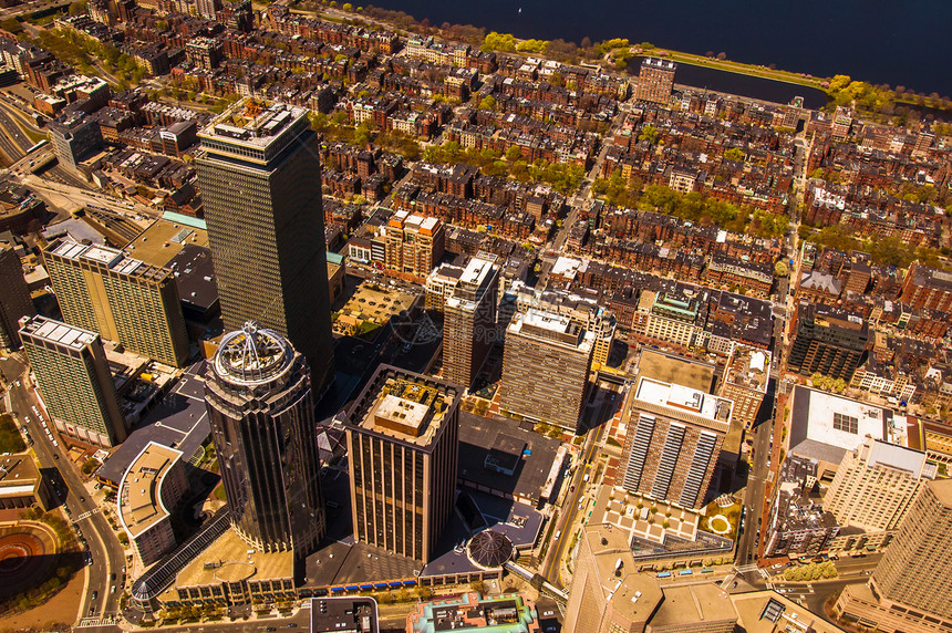 波士顿后湾市中心网格购物空气景观飞机摩天大楼邻里街道天空图片