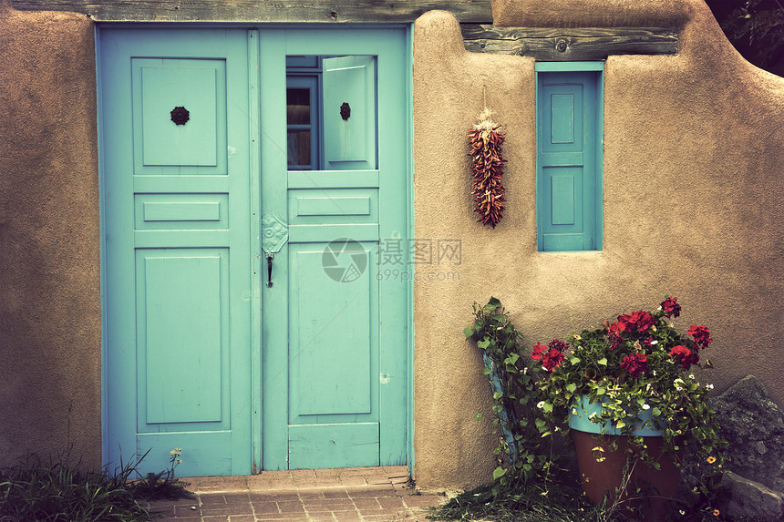 新墨西哥的颜色窗户蓝色旅行纳米胡椒房子土坯图片