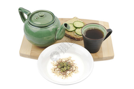 清晨一顿饭茶壶维生素活力牛奶盘子饮食一杯茶唤醒酸奶食物背景图片