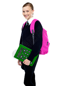 背包西装女孩女学生装着背包和计算器背景