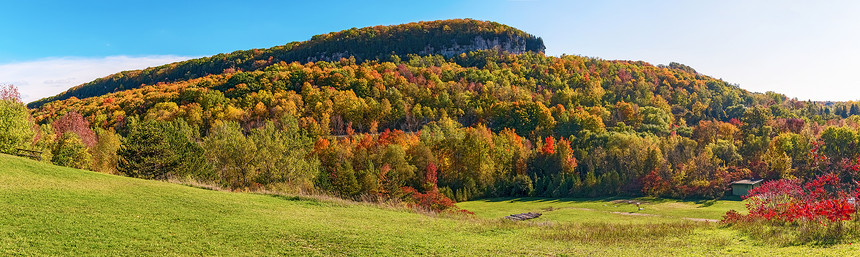 秋季在安大略米尔顿格伦伊登保护区树木甸园悬崖岩石图片